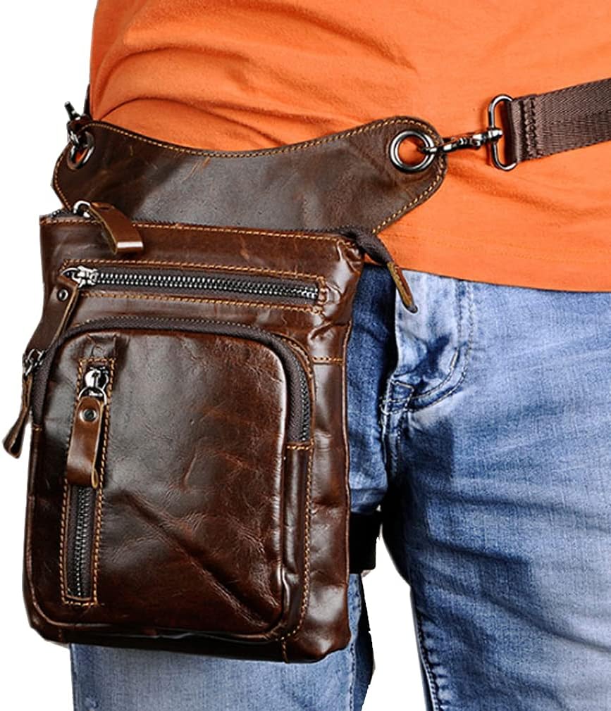 Leather Waist Pack Drop Leg Bag for Men Women Belt Bumbag Multi-Purpose Motorcycle Bike Outdoor Sports Tactical Cycling Riding Hiking Camping Pouch