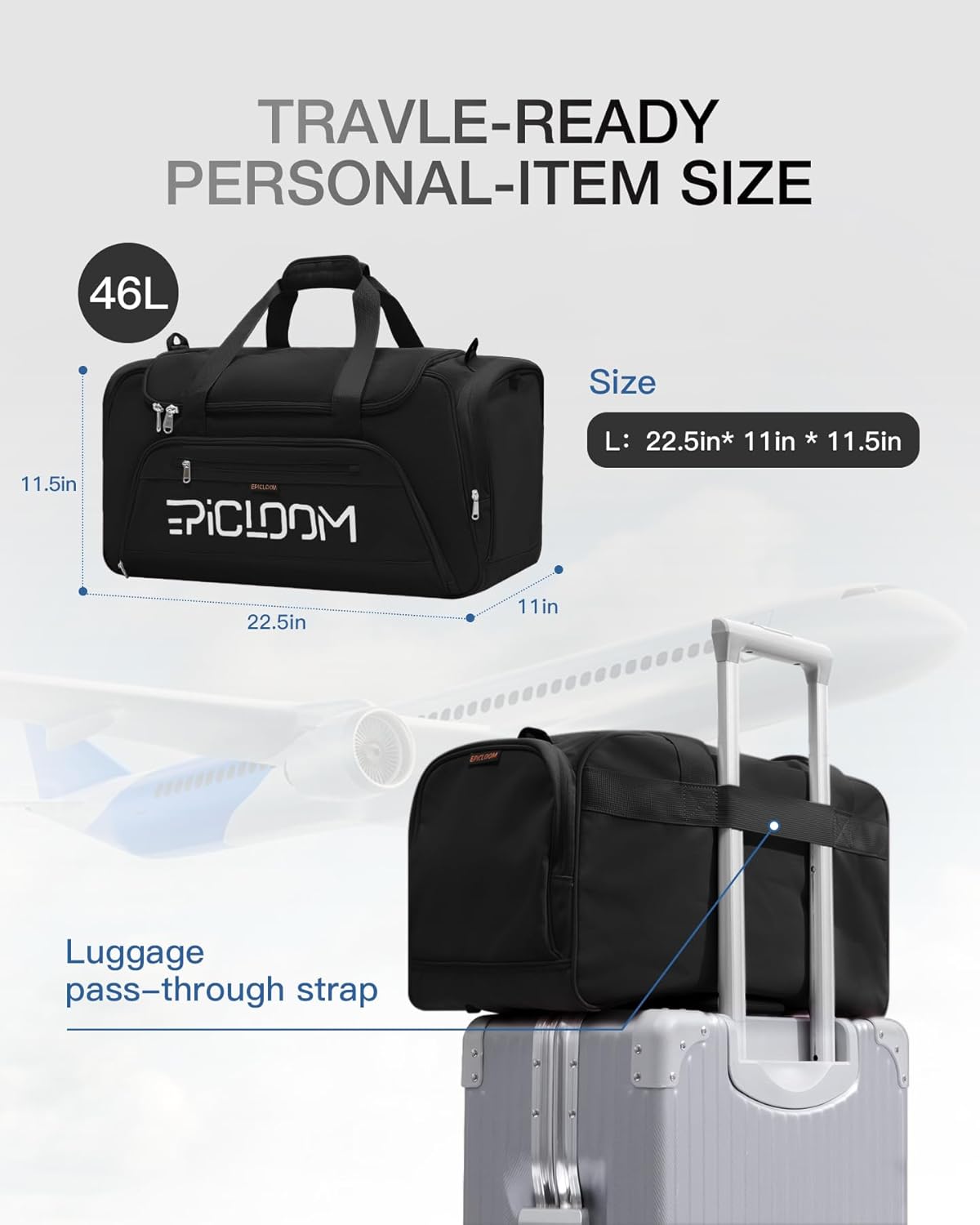 Gym Bag for Men Women, 46L Travel duffel Bag with Shoes Compartment, Weekender Overnight Bag with Wet Pocket, Carry On Bag for Workout Football