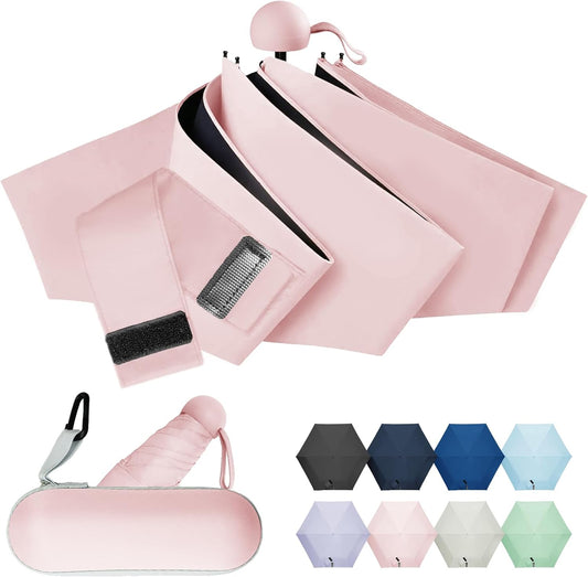 Travel Mini Umbrella Compact Small & Lightweight, UV Rain Protection, Pocket-Sized Folding Umbrellas with Quickdraw & Case for Men Women & Kids Backpack