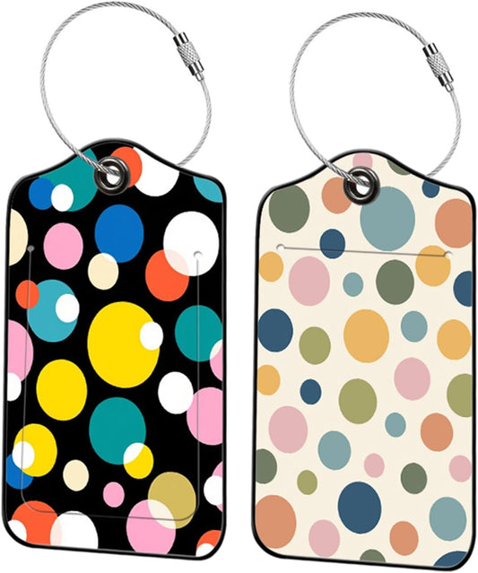 2 Pack Colored Dots Leather Luggage Tags for Suitcases, Travel Bag Tags with Privacy Cover ID Label with Stainless Steel Loop for Women Men Girls Backpack Gift (Multicolored)