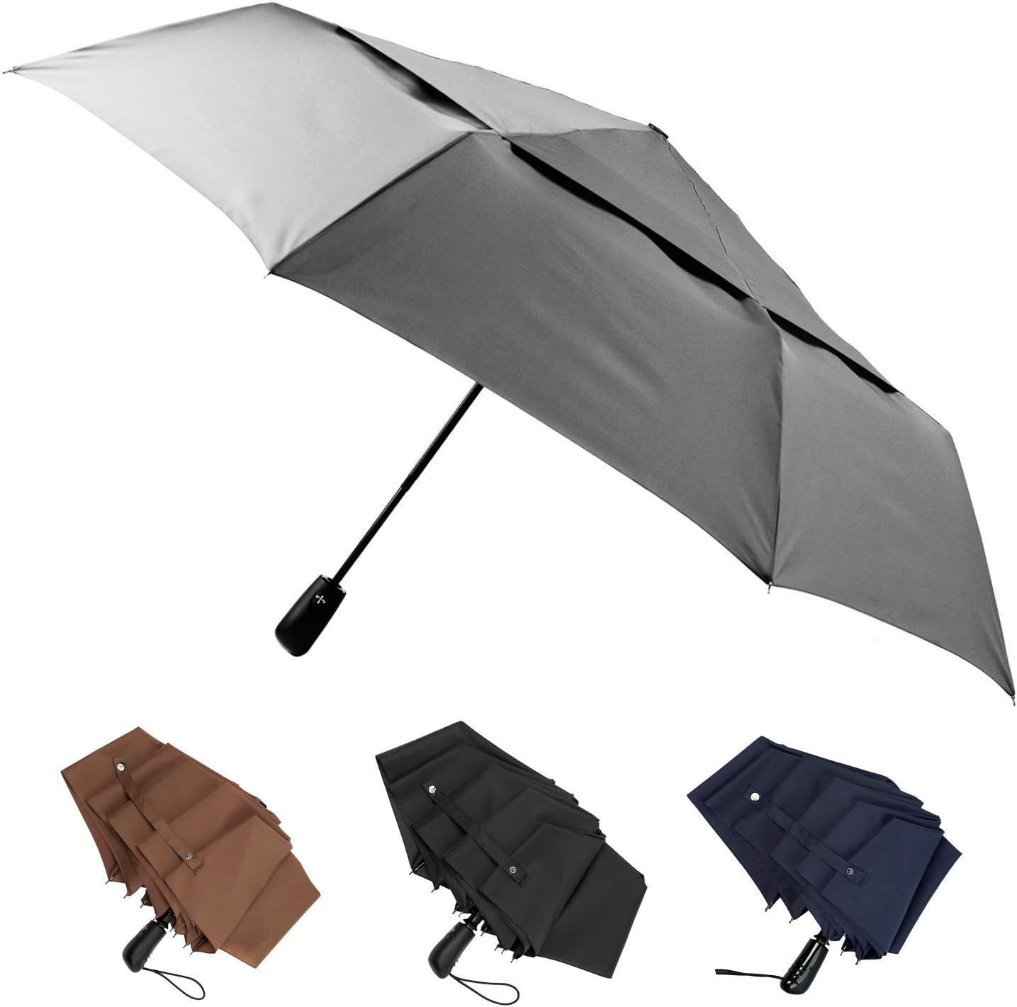 Stonehenge Large Travel Umbrella - Big 54 Inch Double Vented Canopy Folding Umbrella with Auto Open and Close Button (Gray)