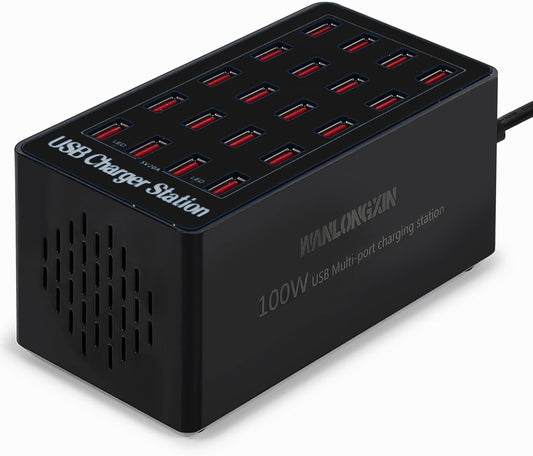100W 20Port USB Charging Station, Multi USB Charger for Multiple Devices, Black