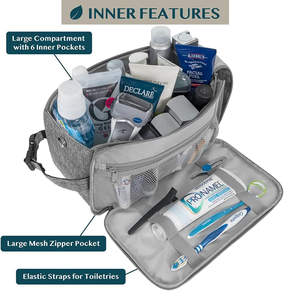 PAVILIA Toiletry Bag for Men, Travel Essentials Shaving Dopp Kit, Mens Travel Bag Toiletries Organizer Case for Grooming, PU Leather Water Resistant Cosmetic Bag Pouch (XL, Heather Grey)