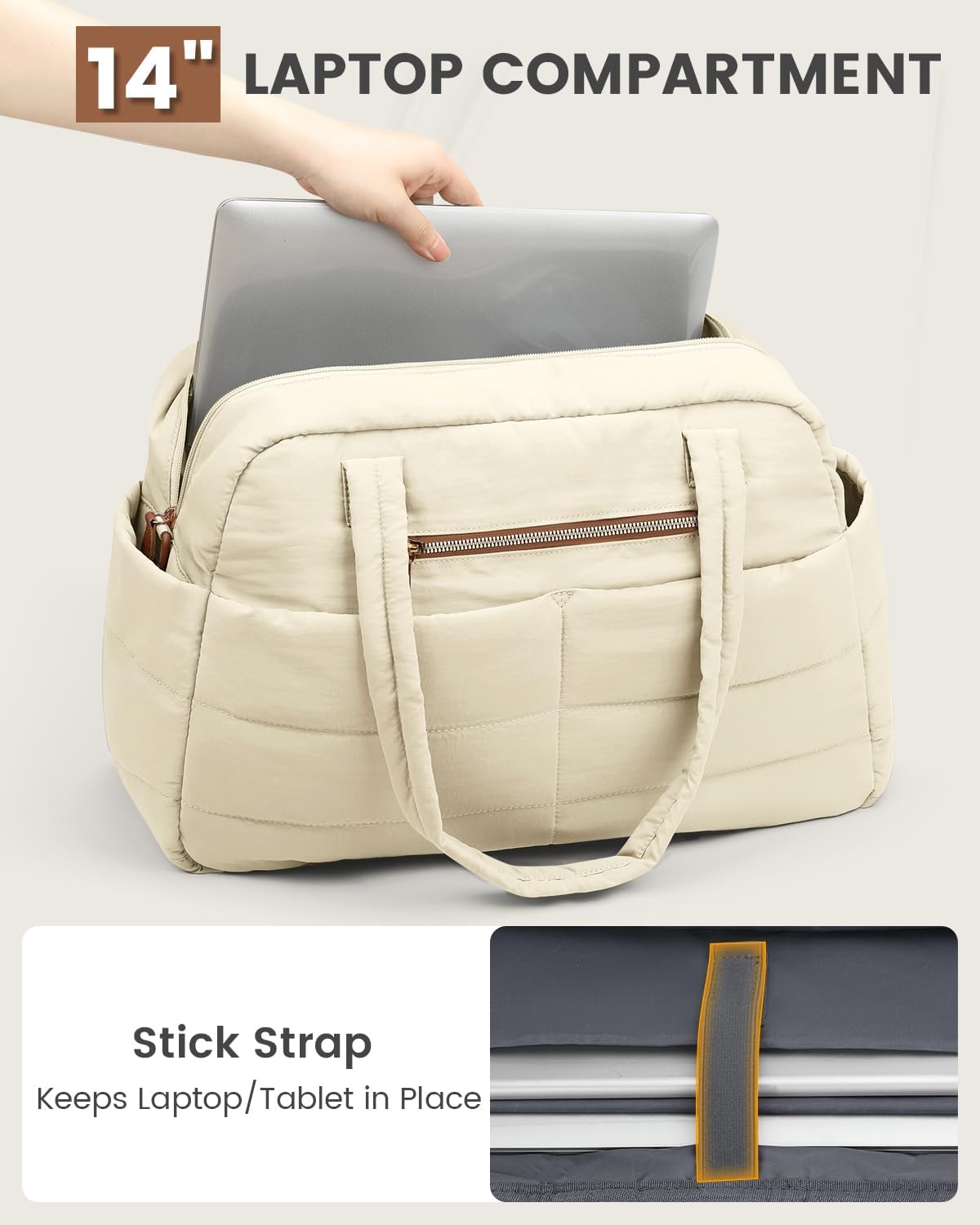 Travel Duffle Bag,Puffer Carry On Duffel Bag with Laptop Compartment Waterproof Overnight Weekender Bags for Women Large Hospital Tote Bags for Labor and Delivery(Medium,Beige）