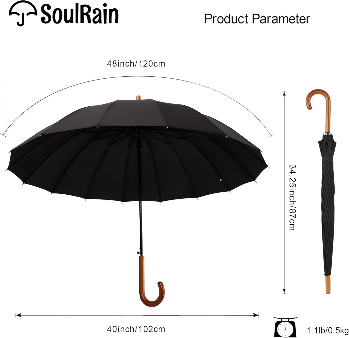 SoulRain 16 Ribs 48" Stick Umbrella Auto Open Solid Color Fashionable and Simple，Arc Classic Wood Handle，Windproof Unbreakable Stick Rain Umbrella