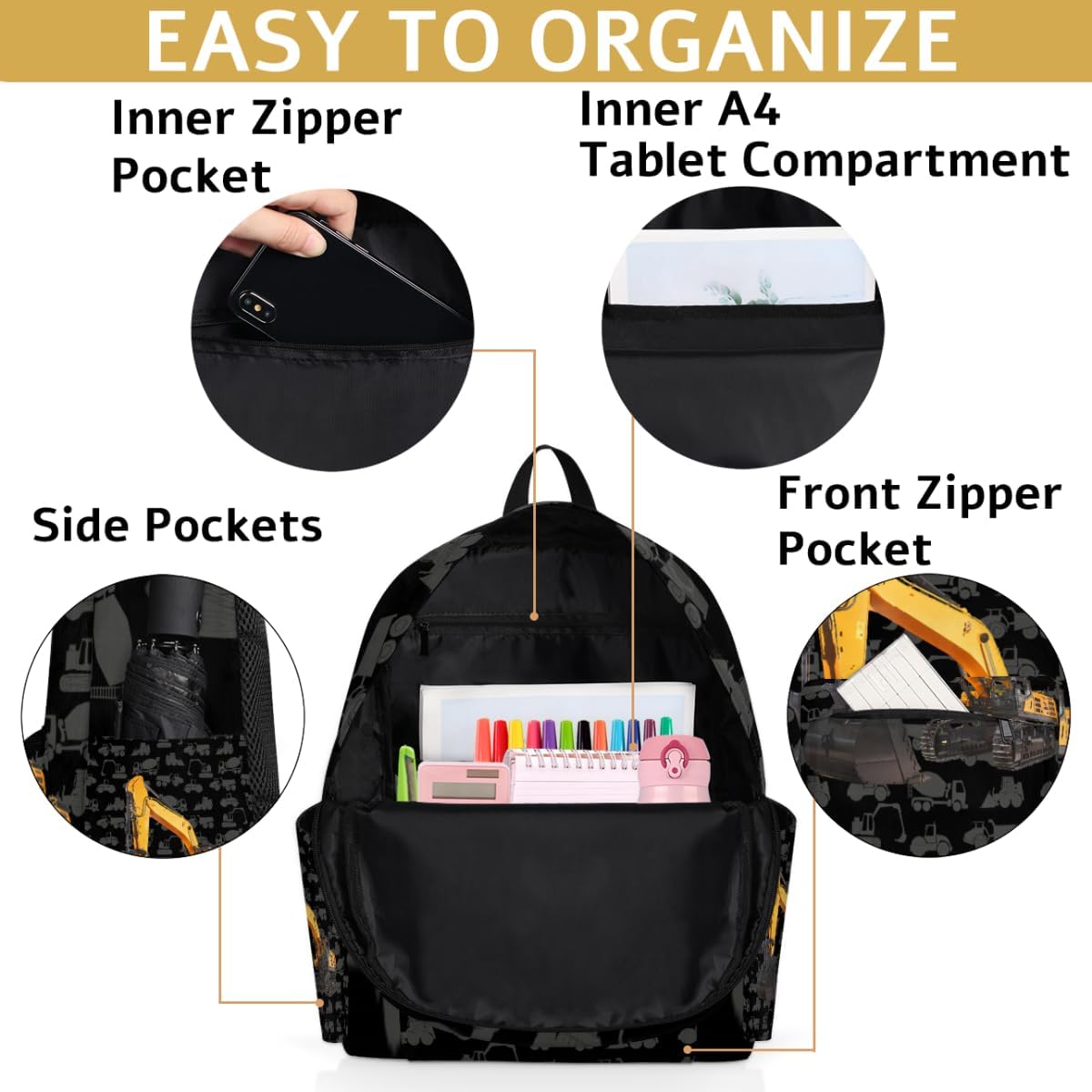 Excavator Truck Kids Backpack for Boys Girls Cool Car Preschool Toddler Backpack Kindergarten Nursery Bookbag Travel Children Lightweight School Bag