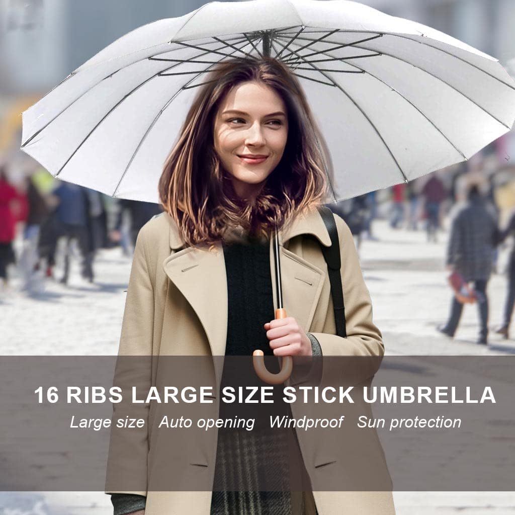 MRTLLOA 52 Inch Windproof Large Umbrellas for Rain, 16 Ribs, J Wooden Handle, 210T High-density Fabric Golf Stick Umbrella