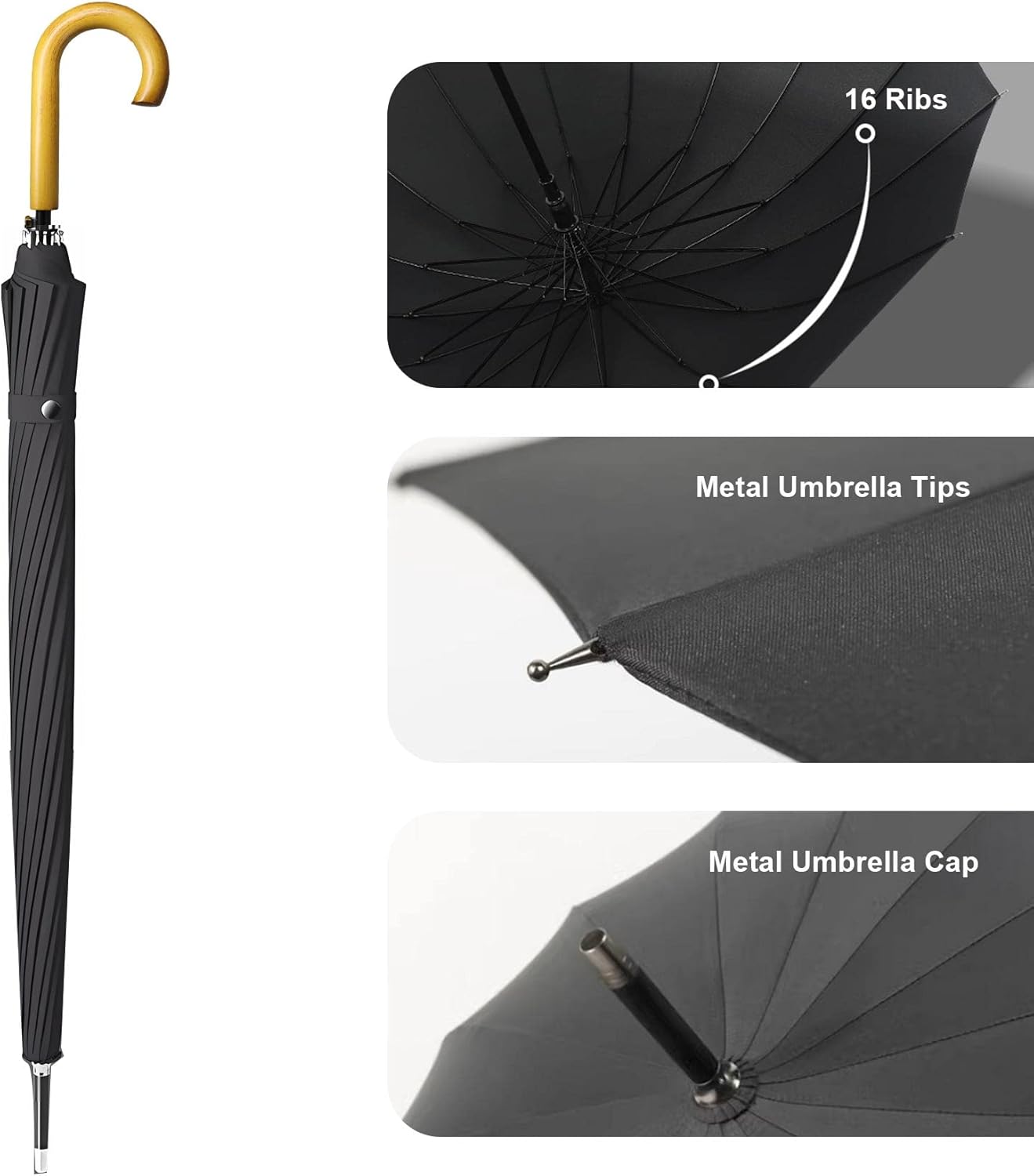 MRTLLOA 52 Inch Windproof Large Umbrellas for Rain, 16 Ribs, J Wooden Handle, 210T High-density Fabric Golf Stick Umbrella