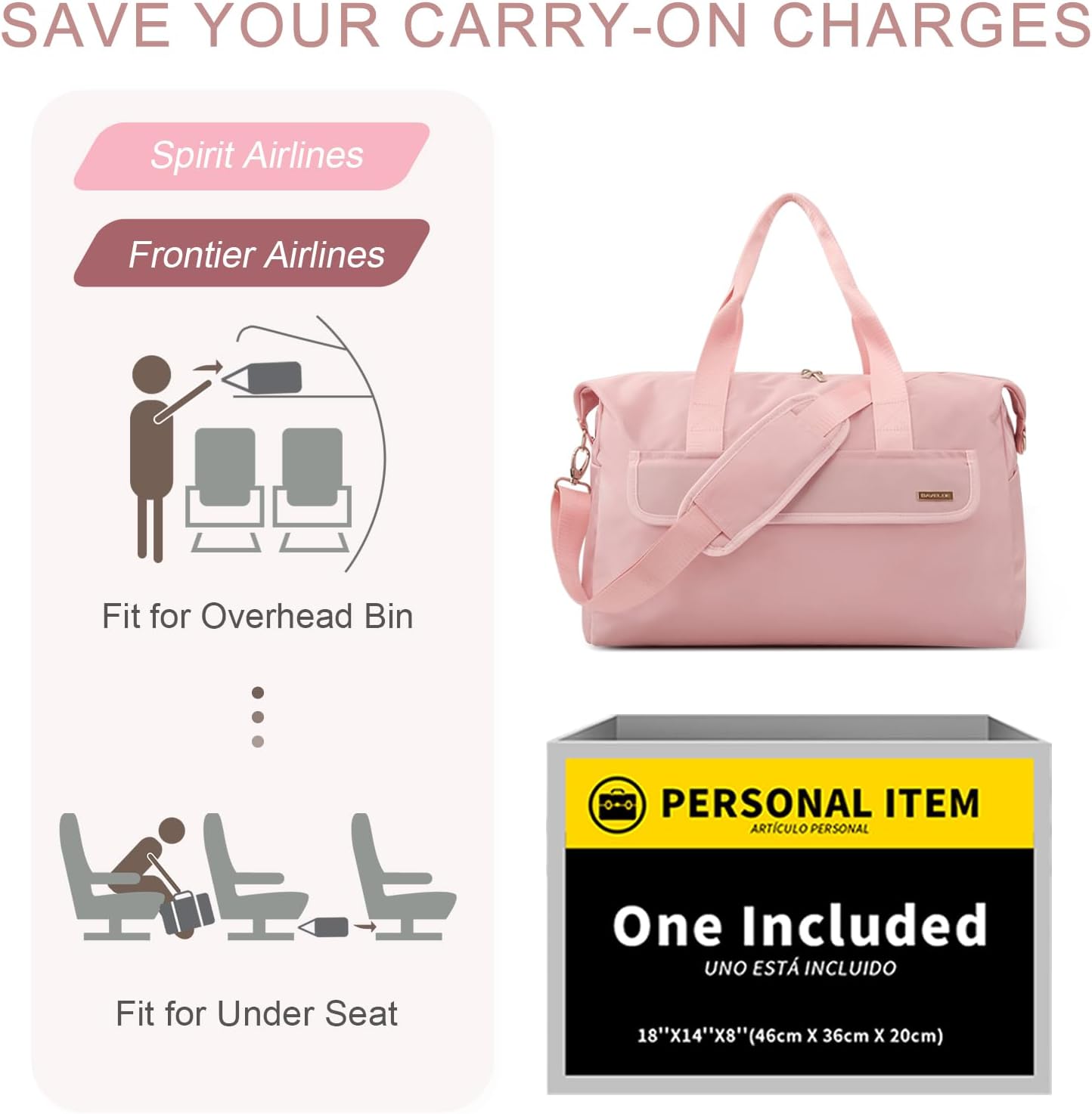 18x14x8 Personal Item Bag with Wet Pocket & Toiletry Bag, Travel Duffel Bag for Gym Underseat Weekender Carry On Luggage for Women Men (Pink)