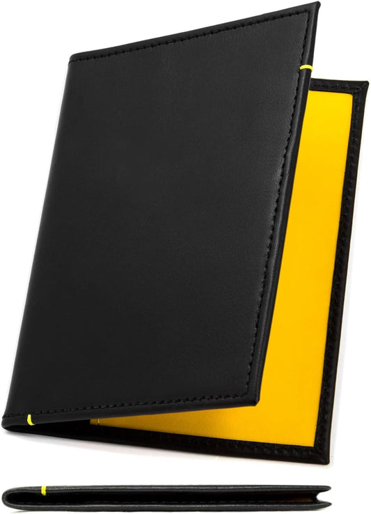 Leather Passport Holder for Men & Women – Genuine Leather RFID Travel Wallet – Slim Handmade Passport Cover with Card Slots & Document Pockets – Bicolor Black & Yellow Design