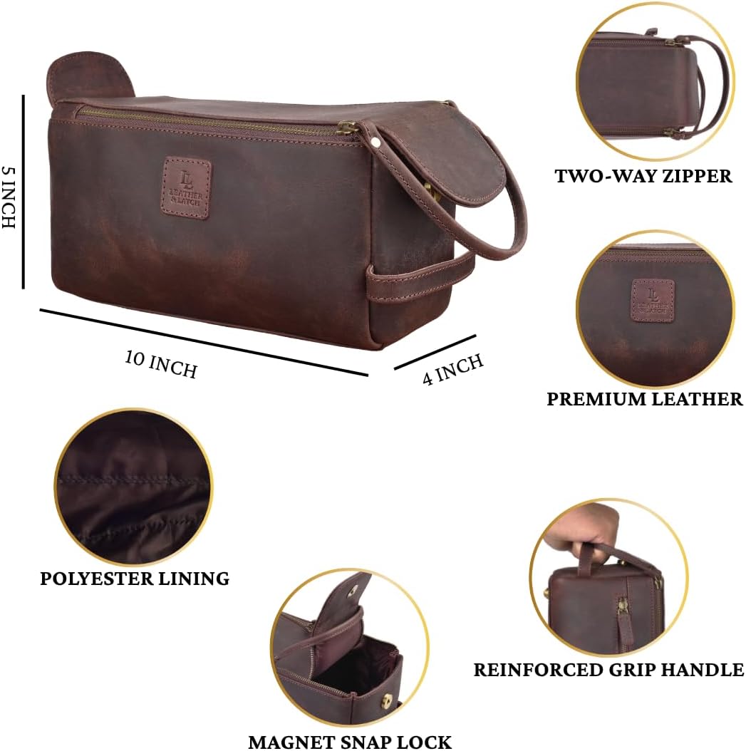 Leather Travel Toiletry Bag for Men & Women – Genuine Leather Dopp Kit, Shaving Organizer, Waterproof Lining, Spacious Toiletry Organizer Gift for Unisex - Walnut Brown