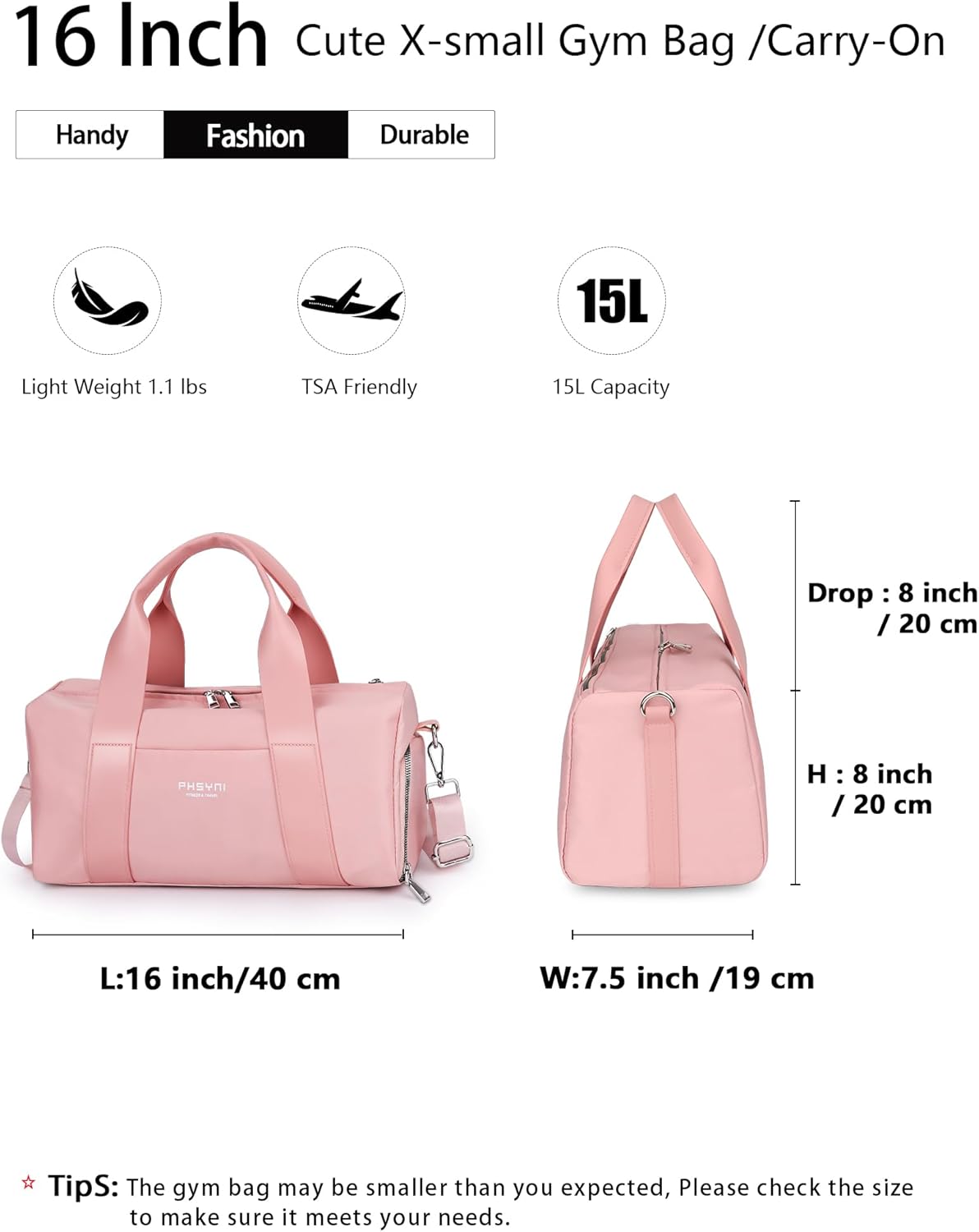 Compact Sports Gym Bag for Women Girls, Cute Mini Duffle Bag with Wet Pocket & Shoes Compartment, Personal Item Travel Workout Bag, 16"-Small, Pink