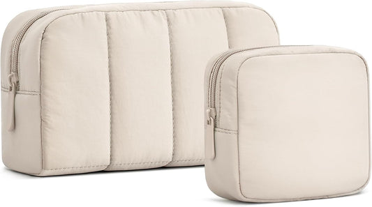 oscaurt 2 Pcs Makeup Bag Travel Toiletry Bag for Women Puffy Padded Cosmetic Pouch Purse Wide-open Makeup Organizer Case Travel Essentials