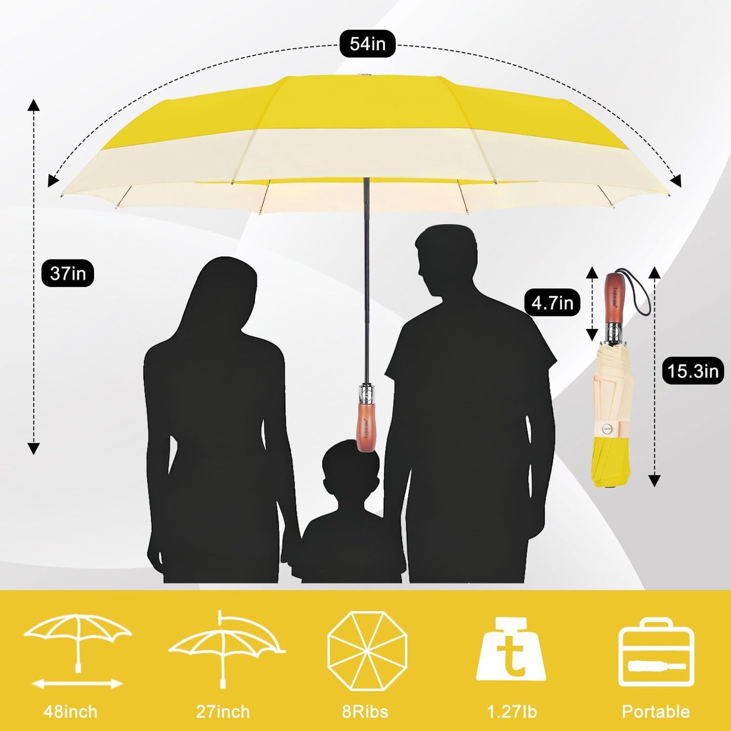 Lejorain Compact Golf Umbrella Large - 54inch Travel Big Portable Automatic Folding Umbrella Windproof for Men Heavy Duty 210T Dupont Teflon Coated Umbrella for Rain