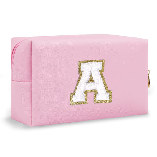 Personalized Initial A-Z Preppy Patch Makeup Bag,Small PU Chenille Letter Cosmetic Bag with Zipper for Teen Girls,Pink Cute Toiletry Organizer Bag,Monogram Makeup Case Gift for Women Girls,Letter A