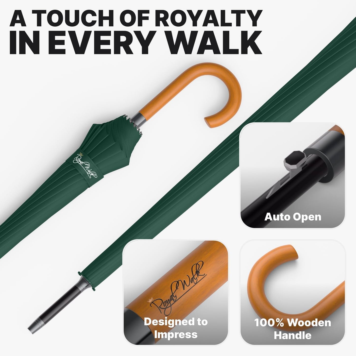 Royal Walk Windproof Large Umbrella for Rain 54 Inch Automatic Open for 2 Persons Wind Resistant Big Golf Umbrellas for Adult Men Women Classic Wooden Handle Fast Drying Strong 16 Ribs Travel 120cm