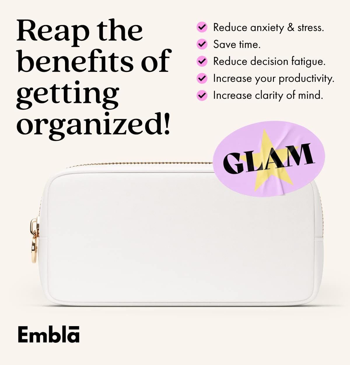 Embla Makeup Bag Travel Cosmetics Pouch and Toiletry Bag, Nylon Zipper Pouch Purse, Cute Make Up Organizer Storage Tote for Women Girls, Waterproof Travel Skincare Case, Small Makeup Bags, White