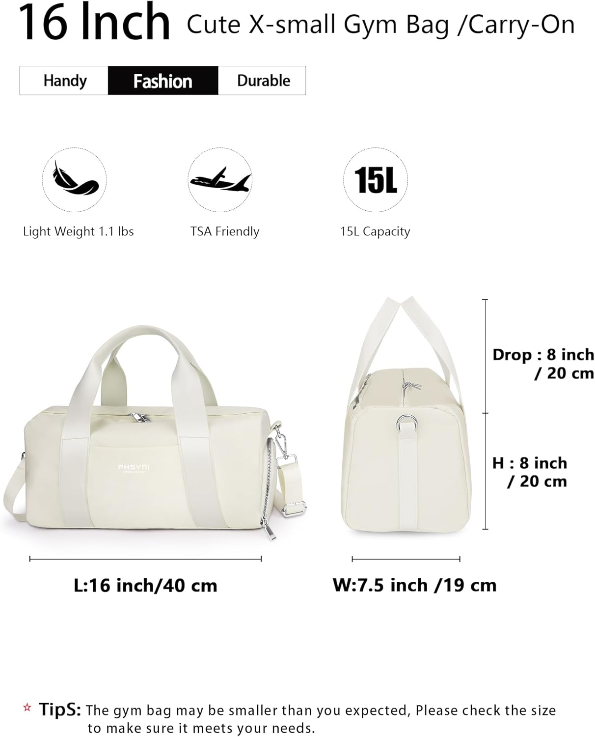 Compact Sports Gym Bag for Women, Cute Mini Duffle Bag with Wet Pocket & Shoes Compartment, Personal Item Travel Workout Bag, 16"-Small, Beige