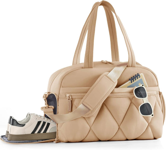 Gym Bag for Women, Puffer Travel Duffle Bag With Shoes Compartment & Wet Pocket, Carry On Tote Bag For Weekender, Overnight, Sport (Camel)
