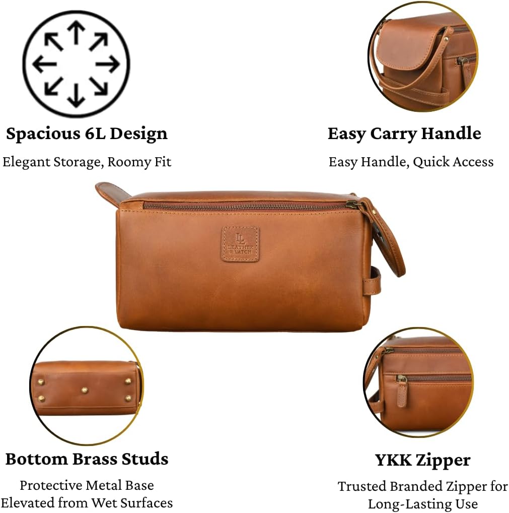 Leather Travel Toiletry Bag for Men & Women – Genuine Leather Dopp Kit, Shaving Organizer, Waterproof Lining, Spacious Toiletry Organizer Gift for Unisex - Cognac Brown