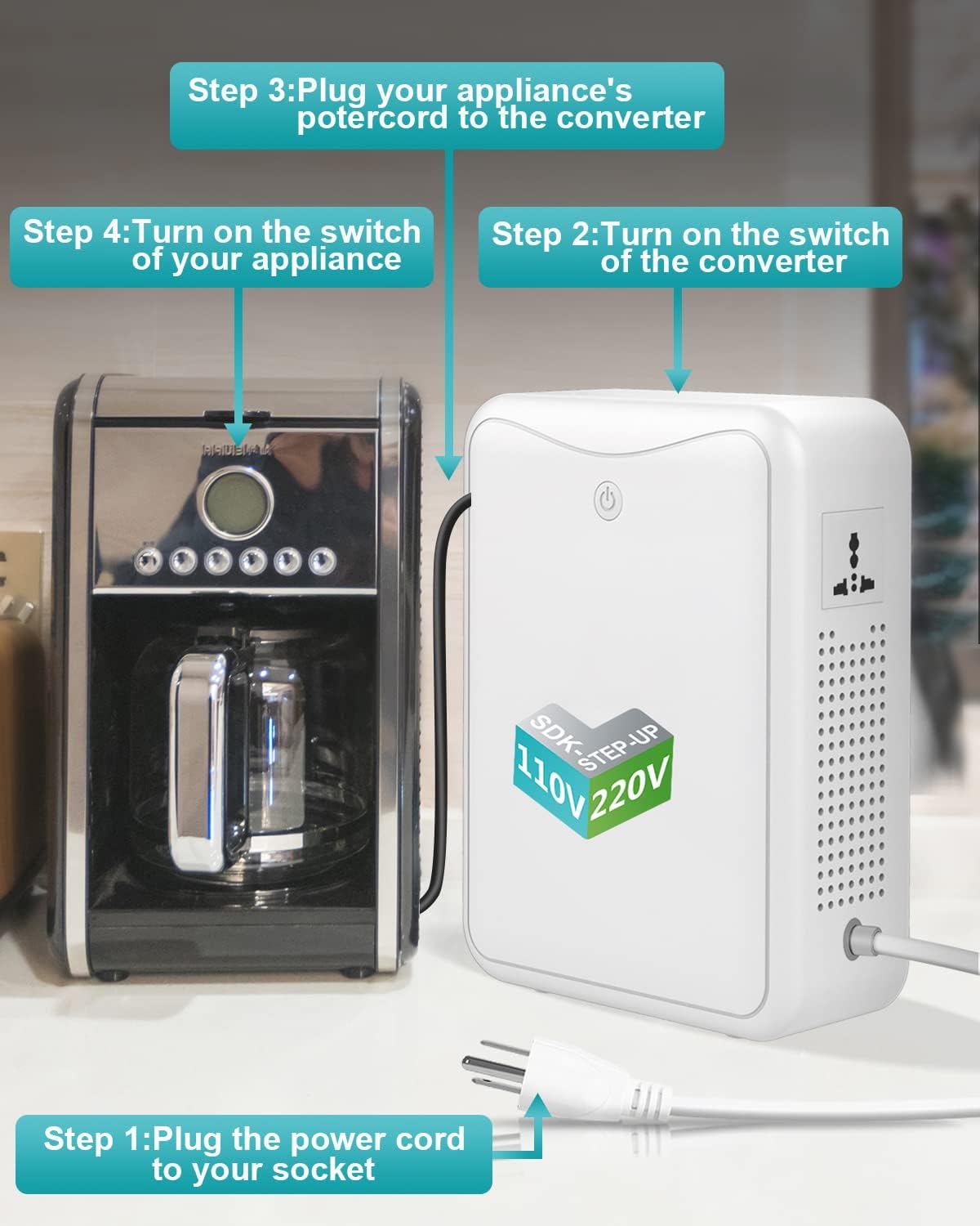 120v to 240v Step Up Transformer 1000W Power Voltage Converters, No Noise, Suit for Coffee Machines, Rice Cookers and Other Kitchen Appliances ，using 220V Asia Euro Appliance in US