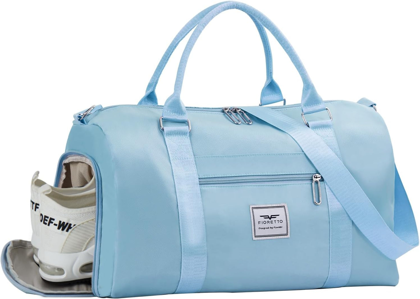 FIORETTO Womens Gym Tote Duffle Bag with Wet Pocket & Shoe Compartment, Sports Duffel Overnight Weekender Hospital Workout Carry on Bag for Girls, Ideal for Travel, Swimming, Dance, Ballet Light Blue