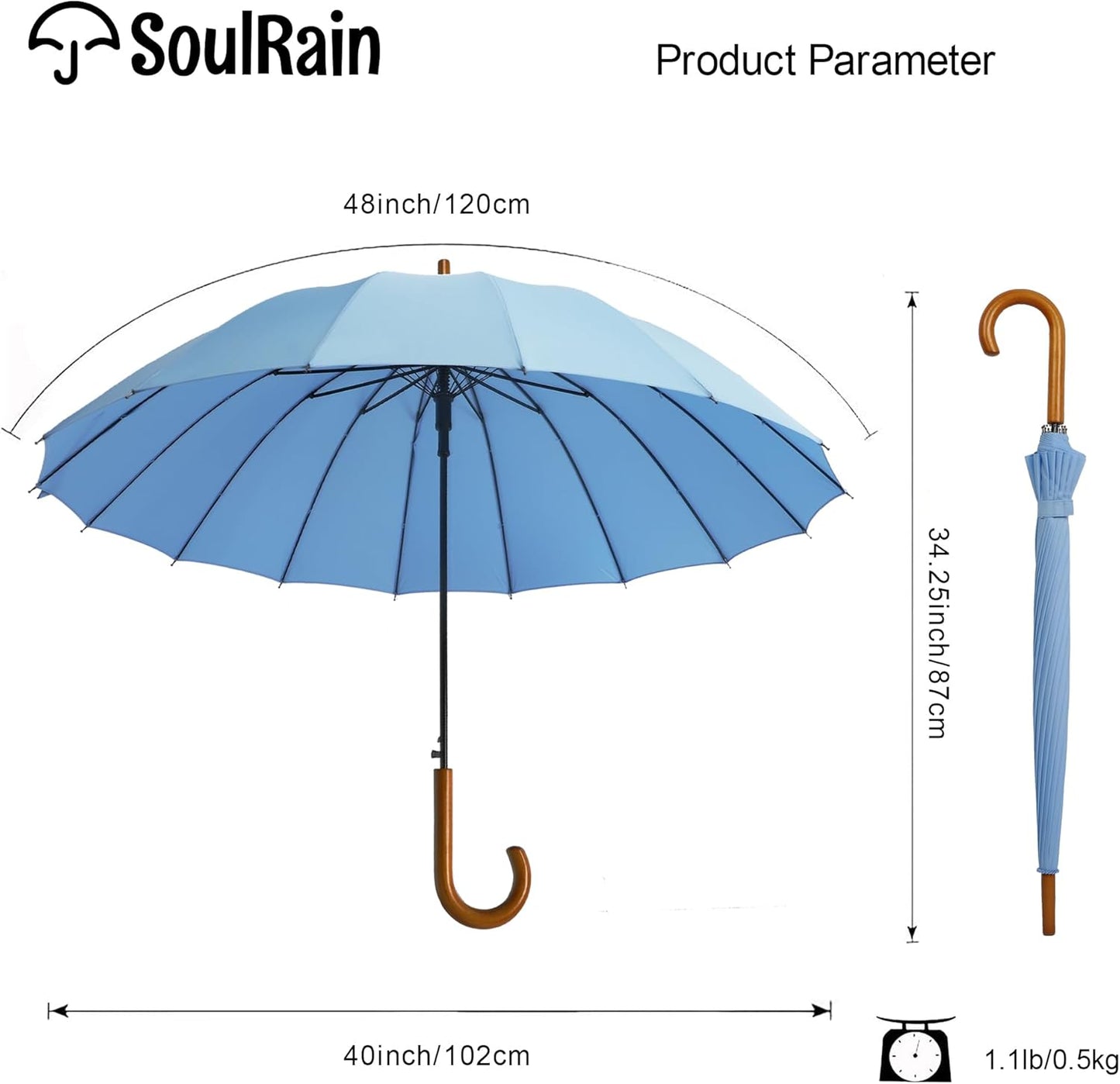 SoulRain 16 Ribs 48" Stick Umbrella Auto Open Solid Color Fashionable and Simple，Arc Classic Wood Handle，Windproof Unbreakable Stick Rain Umbrella