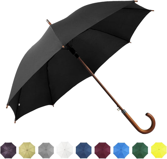 SoulRain 48" Black Umbrella – Stick Windproof Large Umbrellas for Rain, Automatic Open for 2 Persons, Classic Wooden Handle, Durable Travel & Wedding Vintage Cane Umbrella for Men & Women(Black)