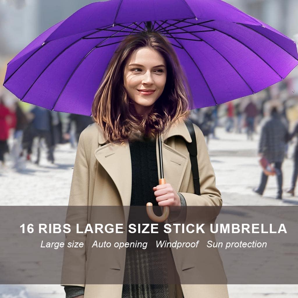 MRTLLOA 52 Inch Windproof Large Umbrellas for Rain, 16 Ribs, J Wooden Handle, 210T High-density Fabric Golf Stick Umbrella