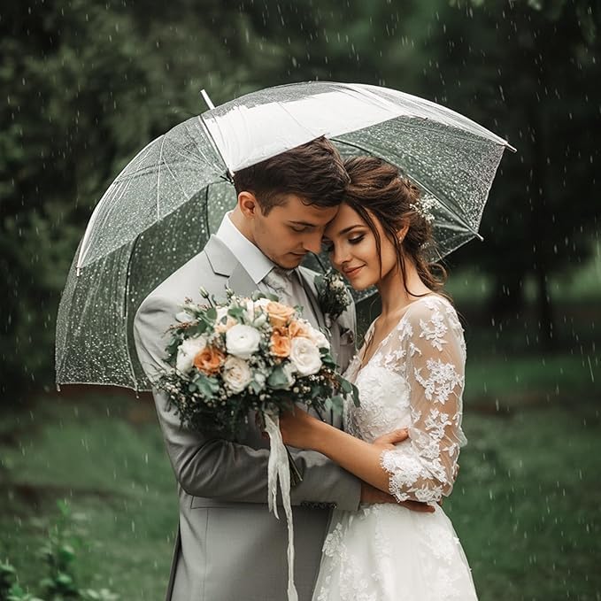12 Pack Clear Wedding Umbrellas Bulk Transparent Auto Open Close Windproof Waterproof Stick Umbrellas with White J-Hook Handle for Brides, Grooms, Photography & Outdoor Events