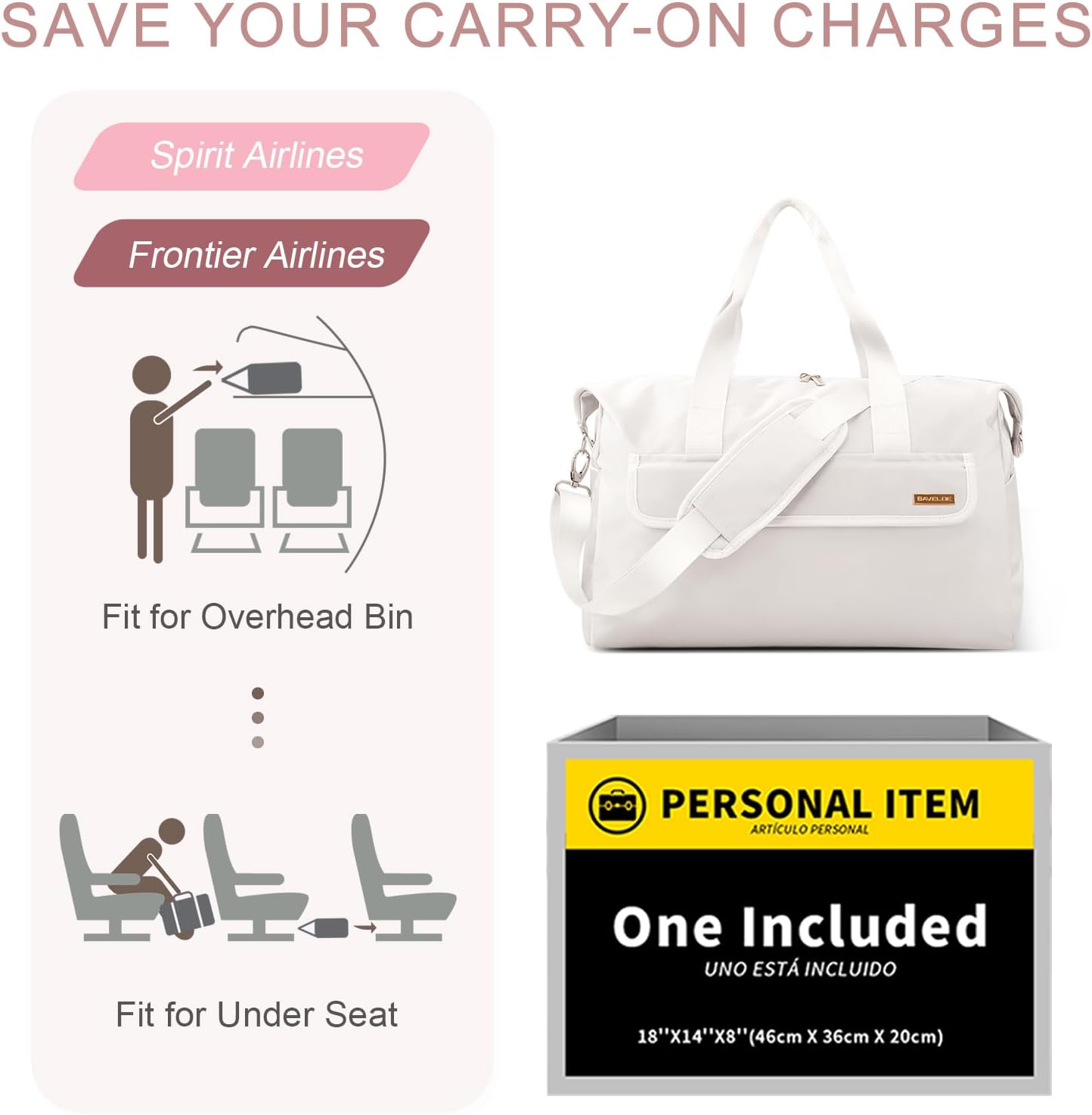 18x14x8 Personal Item Bag with Wet Pocket & Toiletry Bag, Travel Duffel Bag for Gym Underseat Weekender Carry On Luggage for Women Men (Beige)