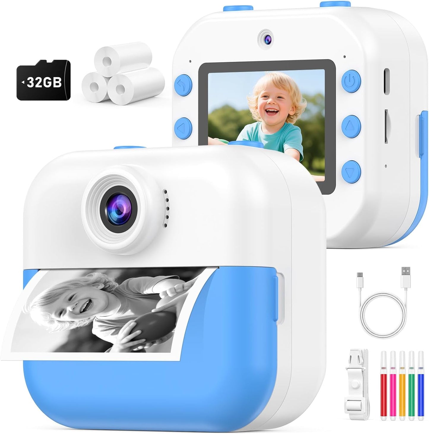 Kids Camera Instant Print for Christmas Birthday Gifts Age 4-12,Front Rear Dual Selfie Camera with 1080P Videos Toddler Portable Travel Toy 6 7 8 9 Year Old Boys Girls-Blue