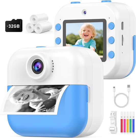 Kids Camera Instant Print for Christmas Birthday Gifts Age 4-12,Front Rear Dual Selfie Camera with 1080P Videos Toddler Portable Travel Toy 6 7 8 9 Year Old Boys Girls-Blue