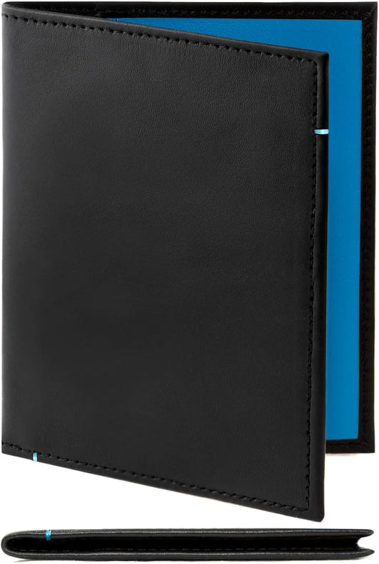 Leather Passport Holder for Men & Women – Genuine Leather RFID Travel Wallet – Slim Handmade Passport Cover with Card Slots & Document Pockets – Bicolor Black & Blue Design