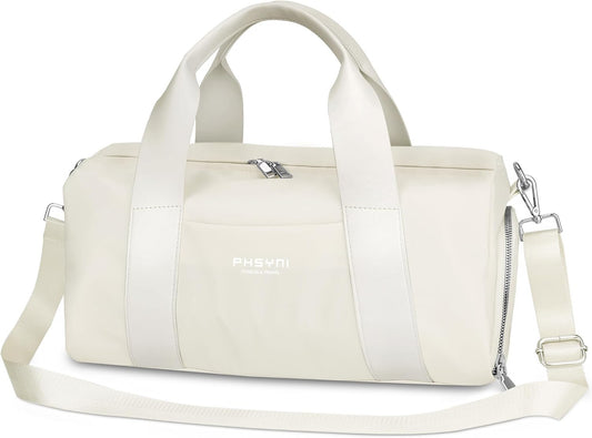 Compact Sports Gym Bag for Women, Cute Mini Duffle Bag with Wet Pocket & Shoes Compartment, Personal Item Travel Workout Bag, 16"-Small, Beige