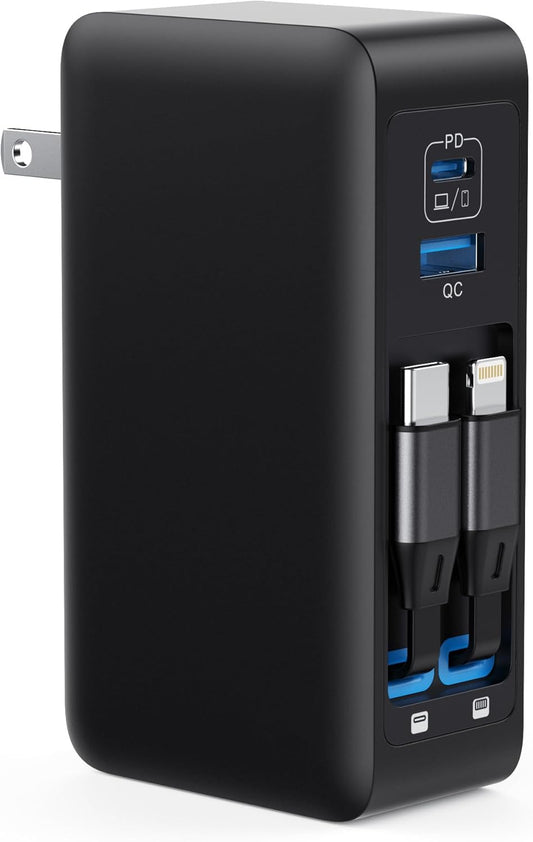 120W USB C Charger Block with 2 Built-in Retractable Cables,4-in-1 GaN IV Foldable Plug Wall Charger Fast Charging Station,PD 65W Laptop Adapter for MacBook/iPad,iPhone 16/15/14,Android (Black)