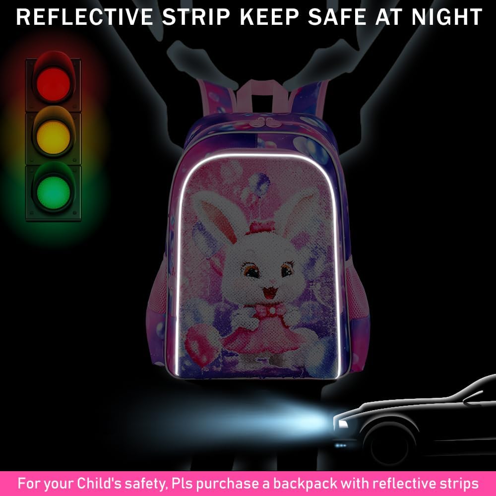 16" Bunny Backpack, 3Pcs Girls Sequin Bookbag for Elementary Preschool Kindergarten, Kids School Backpacks with Lunch Box(Pink)