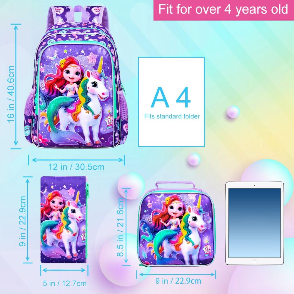 16" Mermaid Backpack for Girls, 3Pcs Unicorn Kids Bookbag with Lunch Box，School Backpacks for Elementary Preschool Kindergarten (Purple)