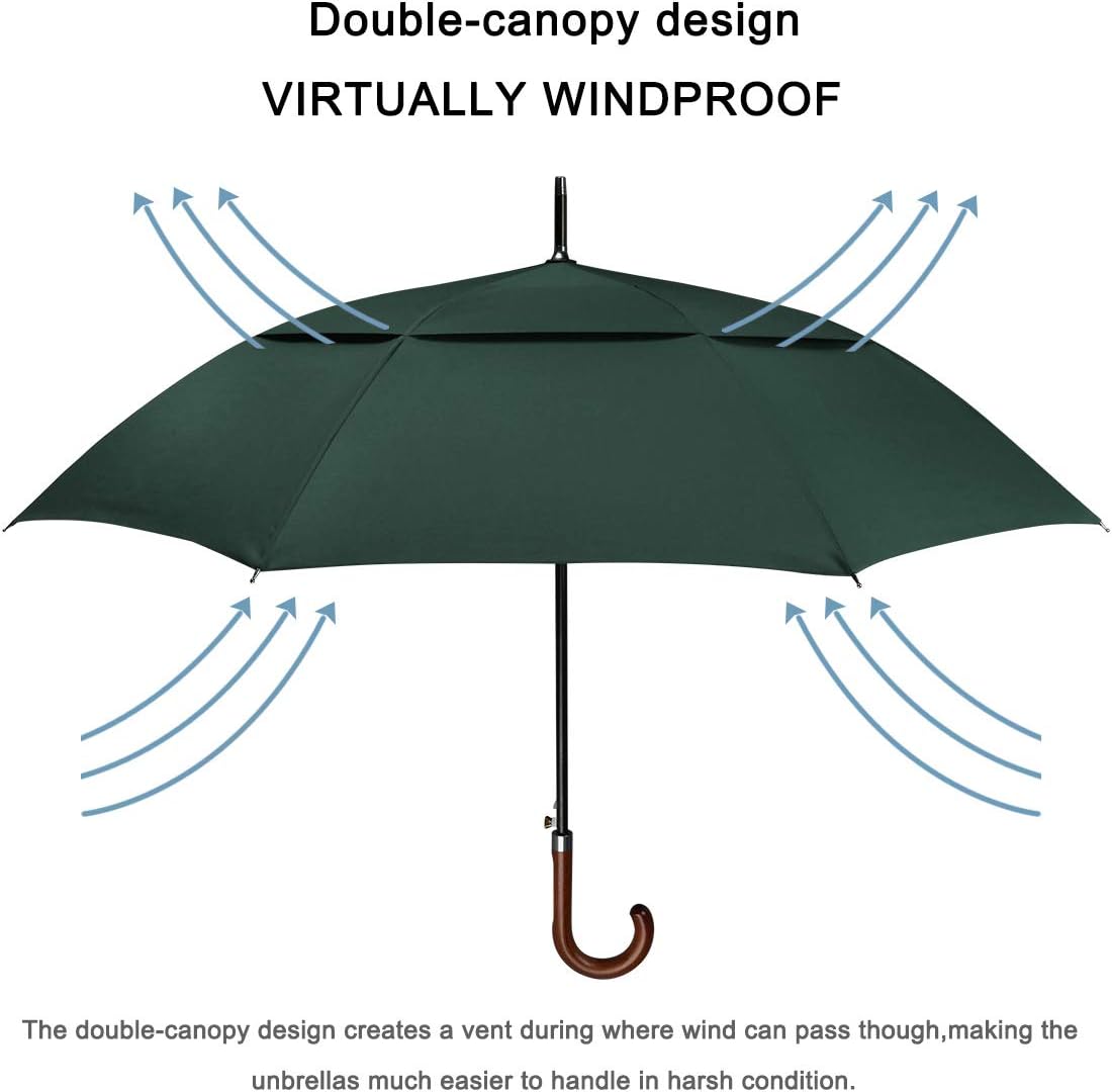 G4Free 52/62inch Wooden J Handle Golf Umbrella Windproof UV Protection Classic Stick Wedding Cane Umbrellas, Auto Open Cane Hook Handle