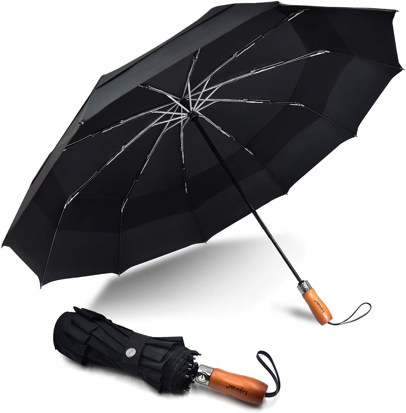 Lejorain Large Folding Golf Umbrella - Compact Mens Umbrellas Travel Rain and Windproof 54inch Collapsible Automatic Open Close Umbrella 210T Teflon Vented Double Canopy