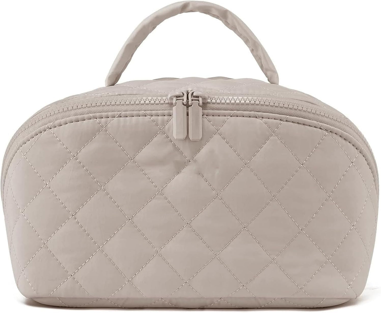 Petition Travel Makeup Bag for Woman,Festivalment Lay Flat Makeup Bag, Wide Open Water-Resistant Cosmetic Case,Puffy Padded Organizer for Toiletries & Brushes Large Capacity with Compartments (Khaki)