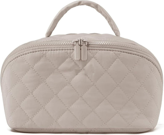 Petition Travel Makeup Bag for Woman,Festivalment Lay Flat Makeup Bag, Wide Open Water-Resistant Cosmetic Case,Puffy Padded Organizer for Toiletries & Brushes Large Capacity with Compartments (Khaki)