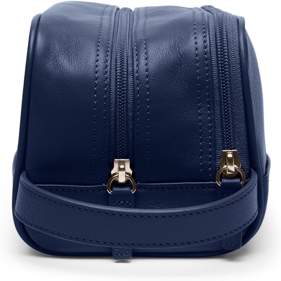 Leatherology Navy Blue Leather Toiletry Bag – Small Double Zip Dopp Kit – Full Grain Leather Travel Organizer with Water-Resistant Lining – Compact Grooming Bag for Men or Women