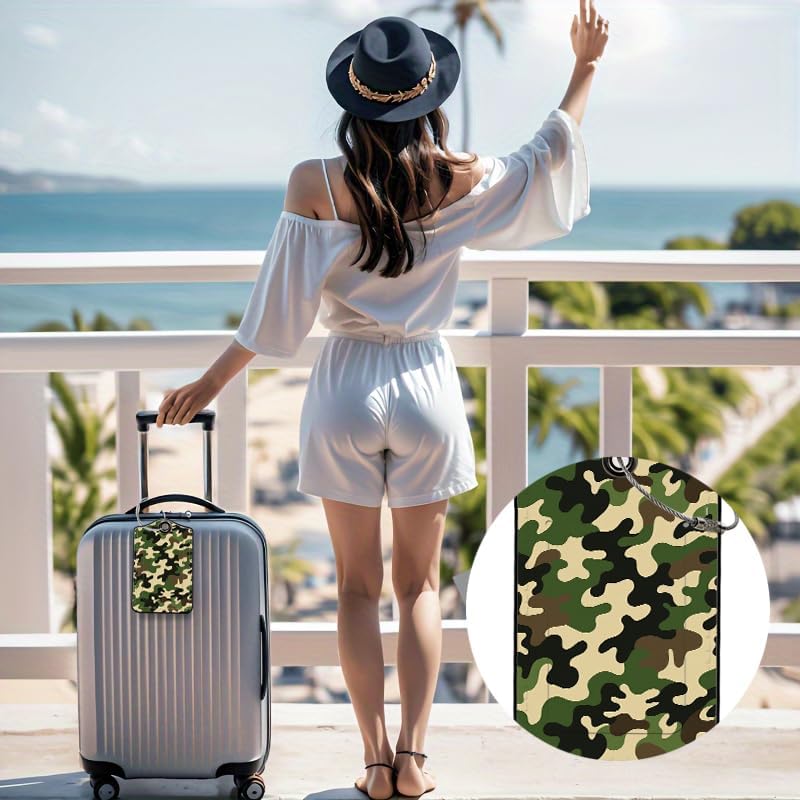 2 Pack Camouflage Leather Luggage Tags for Suitcases, Travel Bag Tags with Privacy Cover ID Label with Stainless Steel Loop for Women Men Girls Backpack Gift (Green)