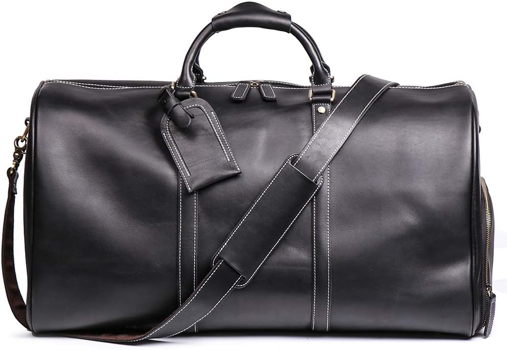 Leather Travel Luggage Bag, Mens Duffle Retro Carry on Handbag(Black, 24 Inch)