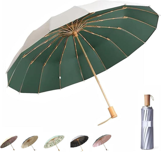 Folding umbrellas for rain and sun UPF 50+ UV Protection Windproof waterproofing and Strong Travel Essentials for Men Women 16 Ribs Wooden Handle Compact Umbrella Dark Green