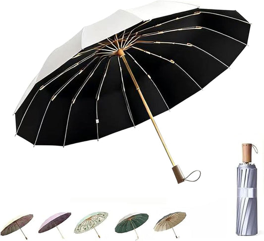 Folding umbrellas for rain and sun UPF 50+ UV Protection Windproof waterproofing and Strong Travel Essentials for Men Women 16 Ribs Wooden Handle Black Umbrella