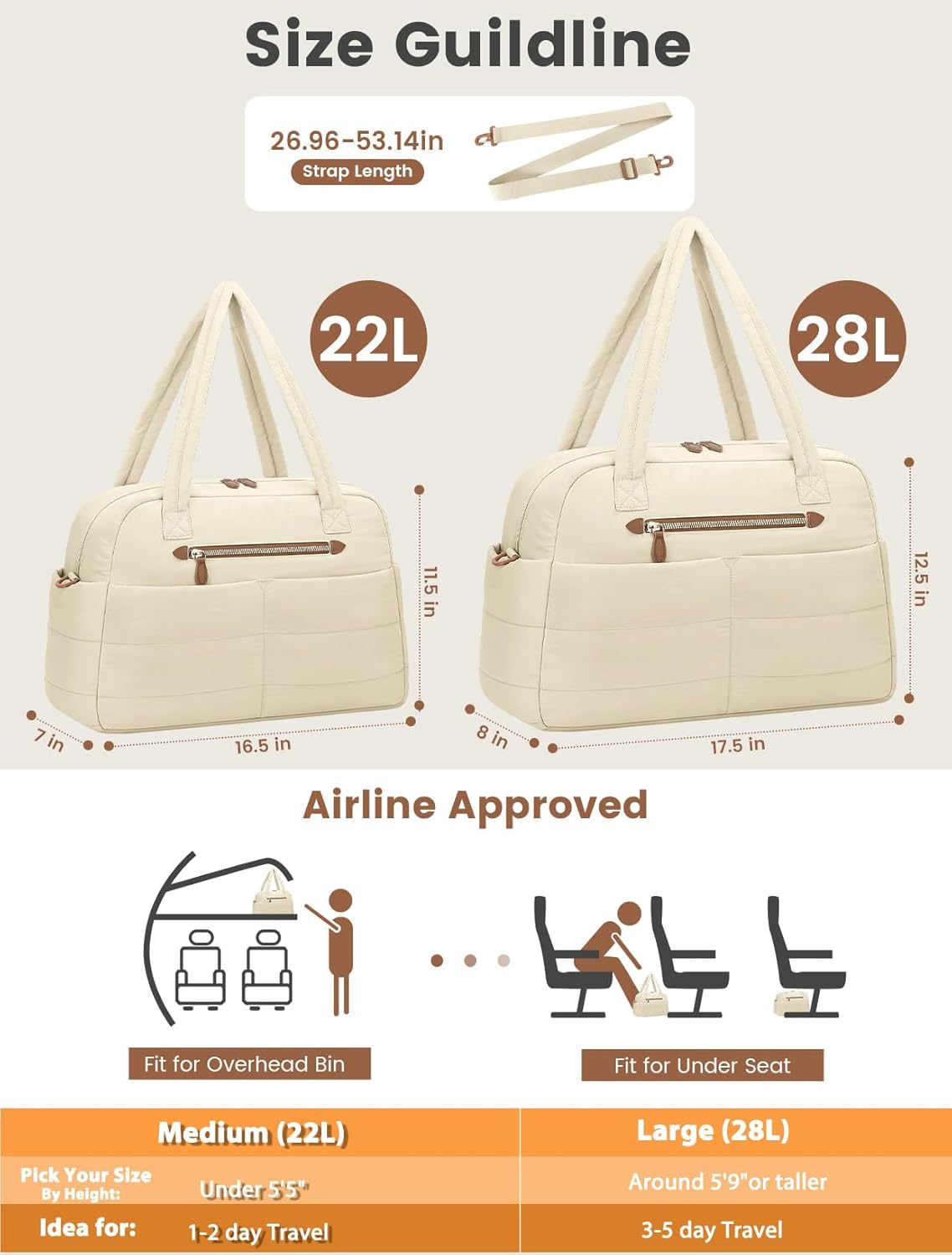 Travel Duffle Bag,Puffer Carry On Duffel Bag with Laptop Compartment Waterproof Overnight Weekender Bags for Women Large Hospital Tote Bags for Labor and Delivery(Medium,Beige）
