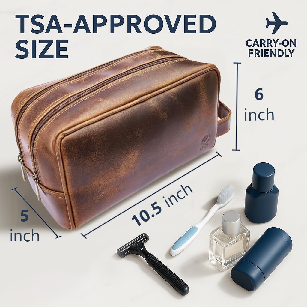 RUSTIC TOWN Leather Toiletry Bag for Men - Travel Shaving Ditty Kit - Bathroom Shower Toiletries Organizer - Leather Cosmetic Bag for Women (Antique Brown)