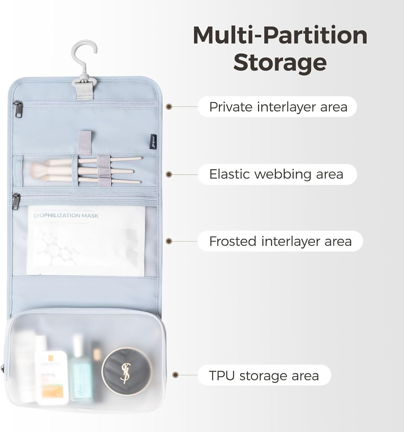 pack all Hanging Travel Toiletry Bag, Foldable Cosmetic Bag with Multiple Compartments, Water-Resistant Makeup Bag for Toiletries, Accessories (Light Blue)